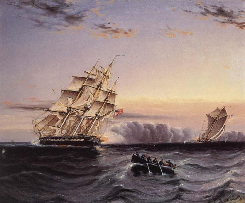 James Edward Buttersworth A U.S Frigate attacking a French Privateer China oil painting art